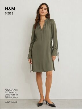 H&M Olive Green Long Sleeve V-Neck Tie Dress